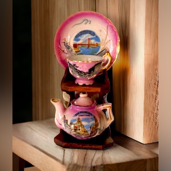 Vintage Moriage Dragon “Souvenir Miniature Teapot, Cup, Saucer & Stand” - Picture 1 of 9